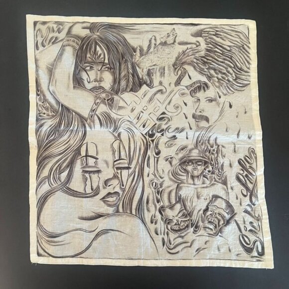 Vtg Prison Art Pano/Bandana Woman, Howling Wolf, Eagle Cholo RARE Collectible - Picture 1 of 3